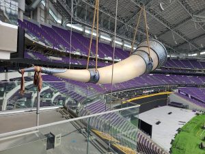 Enormous Minnesota Vikings horn hung up in US Bank Stadium